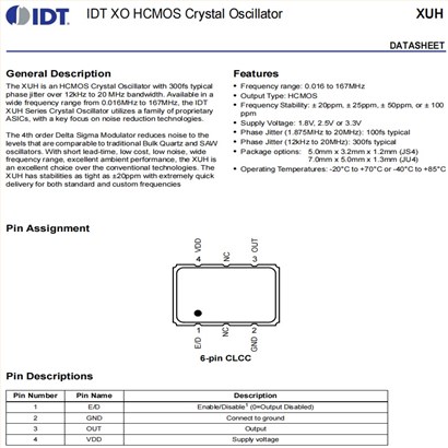 XUH736156.250JU4I,7050mm,156.25MHz,HCMOS,IDT振荡器